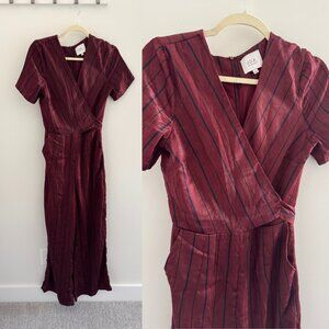 Anthropologie J.O.A Silky Wide Leg Jumpsuit Maroon Striped Size Small